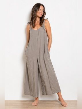 Splendid Iris Linen Jumpsuit Taupe Tie Strap Crop Wide Leg Italy Small Medium